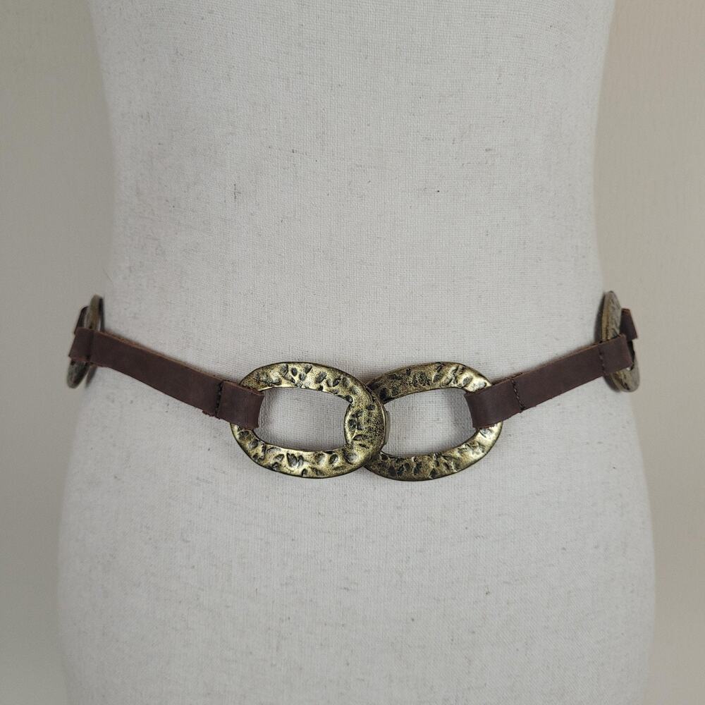 Leatherock Belt Brown Leather Hammered Oval Medallion Boho USA Western Cowgirl